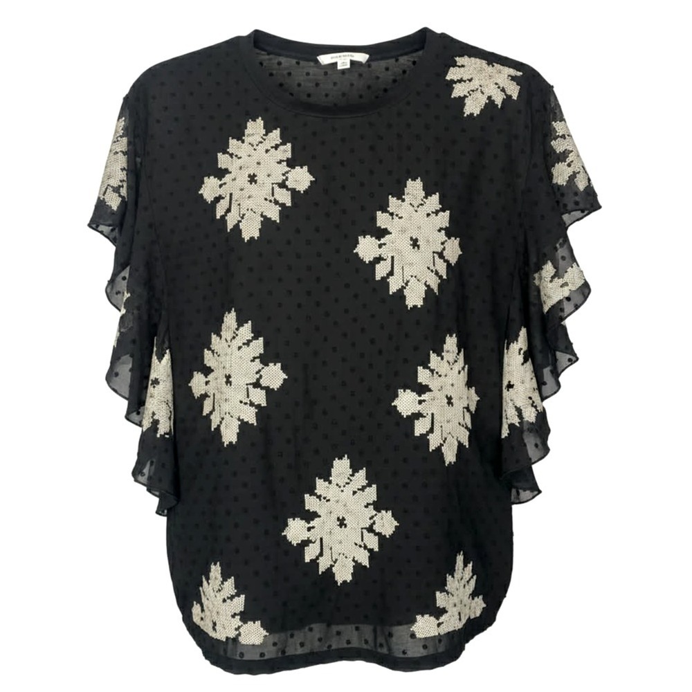 Anthropologie‎ THML SZ S Black & White Embroidered blouse flutter Sleeves Boho